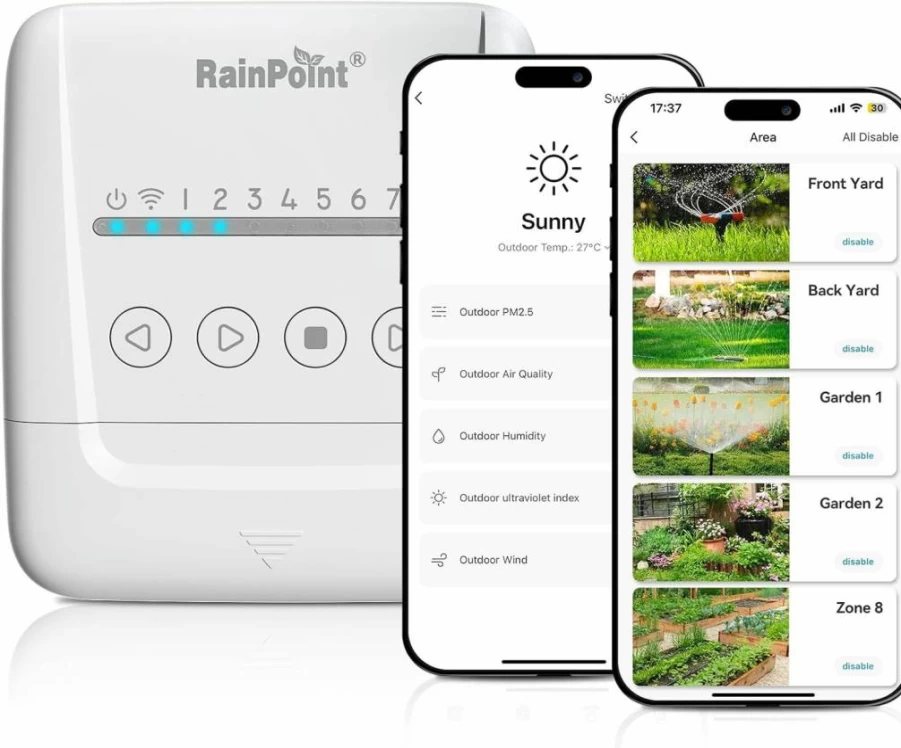 RAINPOINT Smart WiFi Sprinkler Controller - 8 Zone Weather-Based Irrigation System, App-Controlled for Garden & Yard, Easy Installation
