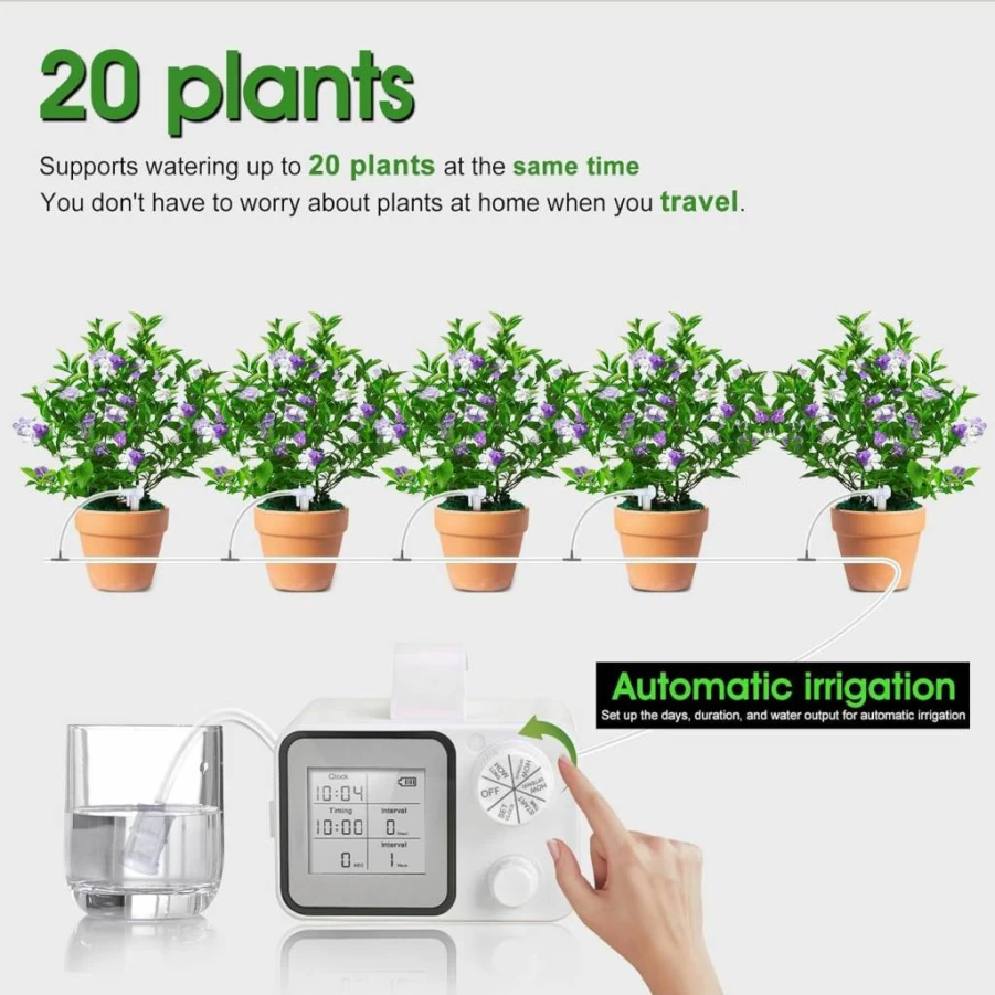 INFURIDER Automatic Plant Watering System for Indoor and Outdoor Use, 20-Pot Smart Irrigation Kit with LCD Timer, Type-C Hose Sprinkler, Hangable Watering Device for Garden, Potted Plants