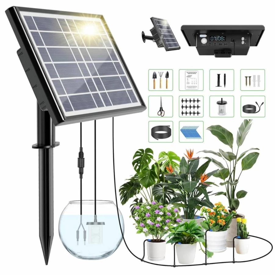 Skycow Solar-Powered Smart Drip Irrigation System - 25 Timer Modes, 900mL/Min Flow, IP54 Waterproof, 49FT Range for Indoor/Outdoor Plants (15 Pots) - Automatic Watering Kit for Vacation & Busy Gardeners
