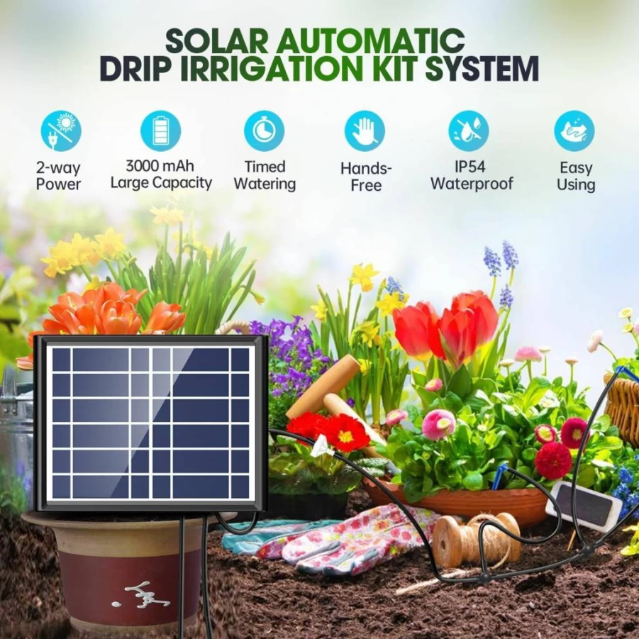 Skycow Solar-Powered Smart Drip Irrigation System - 25 Timer Modes, 900mL/Min Flow, IP54 Waterproof, 49FT Range for Indoor/Outdoor Plants (15 Pots) - Automatic Watering Kit for Vacation & Busy Gardeners