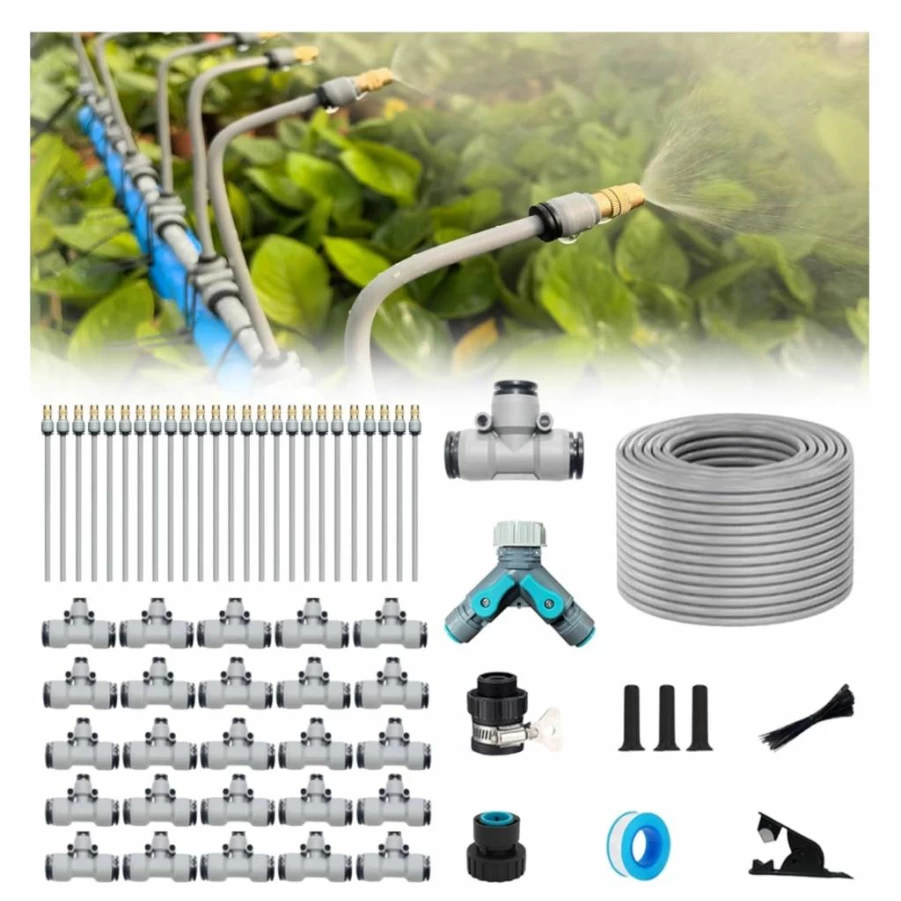 NESNIU 30M Drip Irrigation Kit with Quick Connector, Adjustable Bending Dropper & Atomizing Copper Nozzle for Garden, Lawn, Patio Automatic Watering System