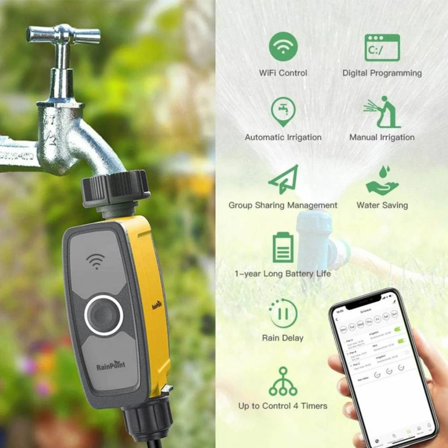 RAINPOINT Smart WiFi Hose Timer - Weather-Based Irrigation, 3 Custom Schedules, Auto Rain Delay, App & Voice Control, Compatible with Alexa & Google Assistant