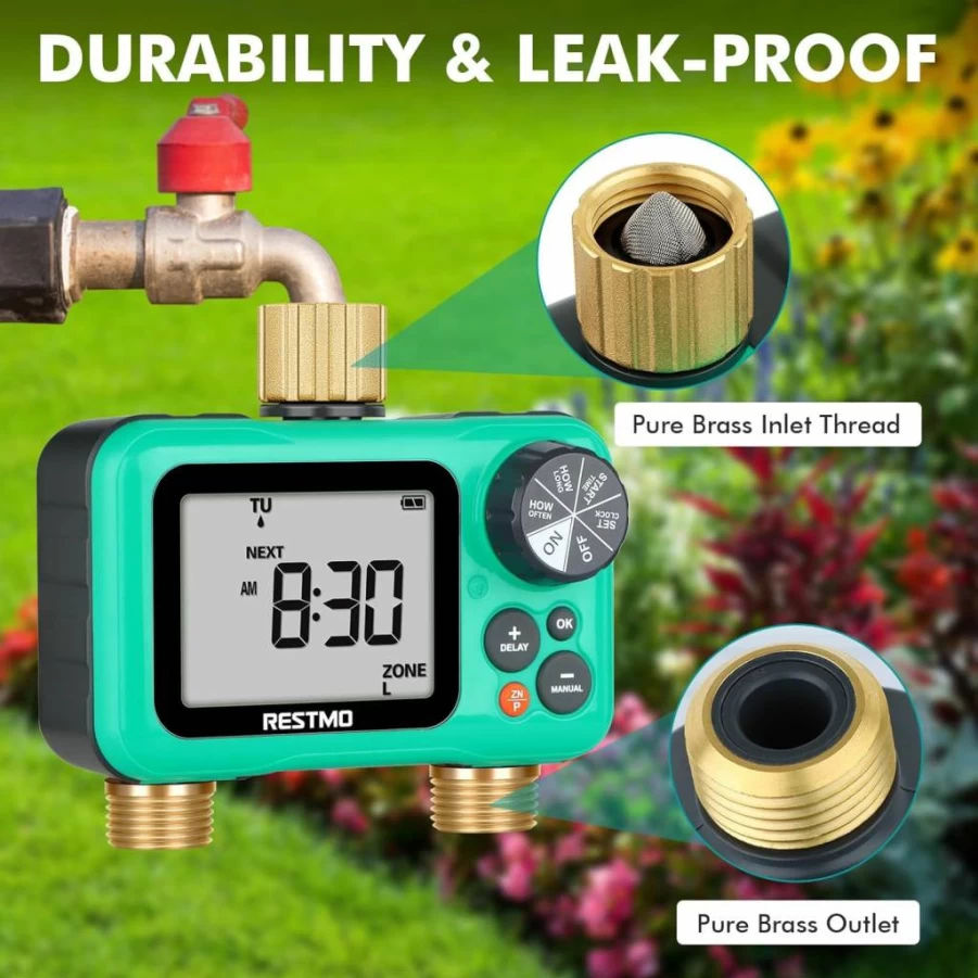 Restmo Brass Garden Hose Timer with 3 Custom Programs, Rain Delay & Dual Outlet for Drip Irrigation & Lawn Watering