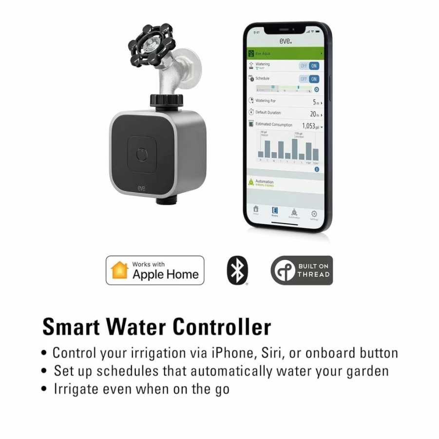 Eve Aqua Smart Water Irrigation Controller for Apple HomeKit, Siri, Bluetooth & Thread, Automatic Scheduling, Remote Access, No Bridge Required