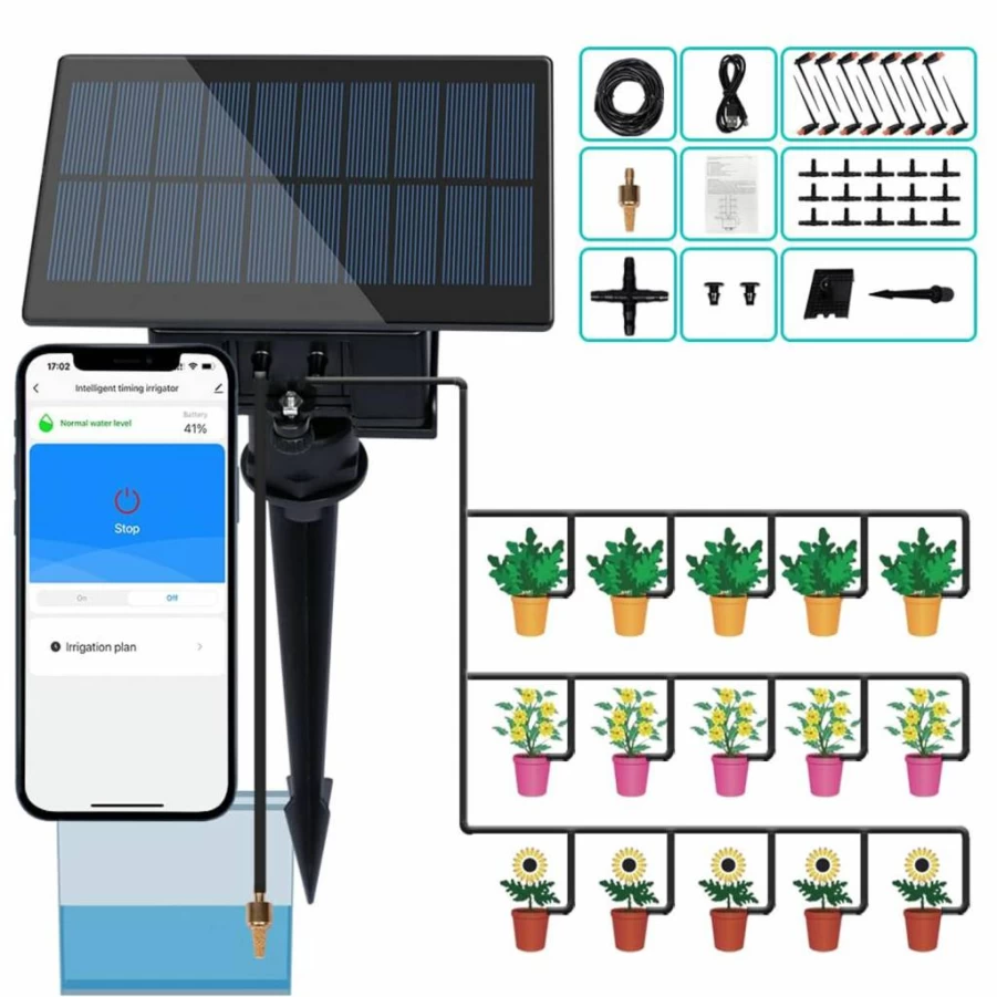 Lokreni Solar WiFi Smart Automatic Watering System for 15 Pots, DIY Drip Irrigation Kit with App Control, Programmable Timer for Indoor/Outdoor Garden Self-Watering