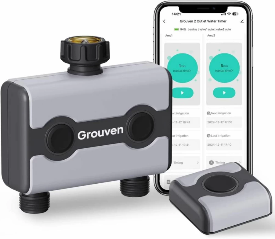 Grouven Brass Garden Sprinkler Timer - Programmable Hose Faucet Water Timer with Rain Delay, Manual/Automatic Irrigation System, 1-Outlet for Efficient Lawn & Plant Watering