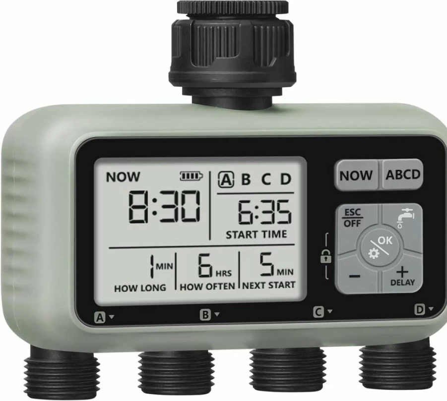 WILAWELS 4-Zone Smart Sprinkler Timer with Rain Delay, Child Lock & Manual Mode - Automatic Garden Hose Irrigation System for Lawn, Yard (Greenish Gray, Model D14Wt06)