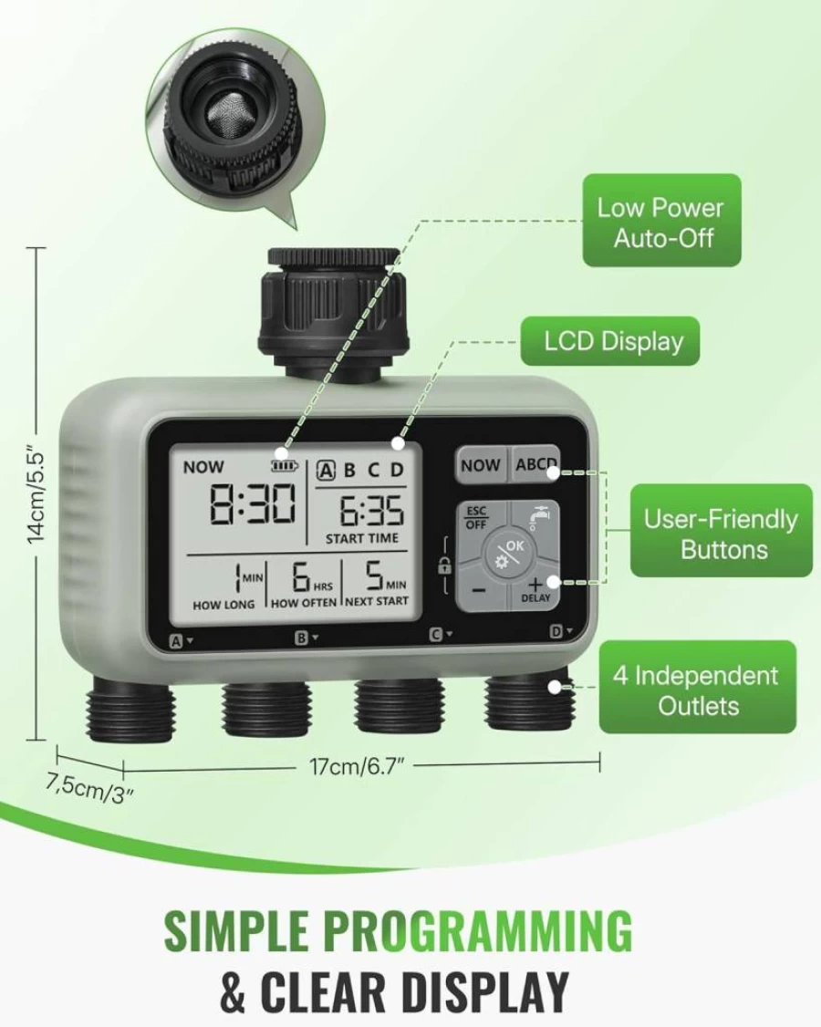 WILAWELS 4-Zone Smart Sprinkler Timer with Rain Delay, Child Lock & Manual Mode - Automatic Garden Hose Irrigation System for Lawn, Yard (Greenish Gray, Model D14Wt06)
