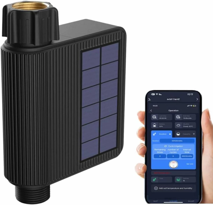 Haozee Smart Solar WiFi Sprinkler Timer with Built-In Flow Meter, Automatic Garden Hose Water Timer for Lawn and Yard Irrigation Control