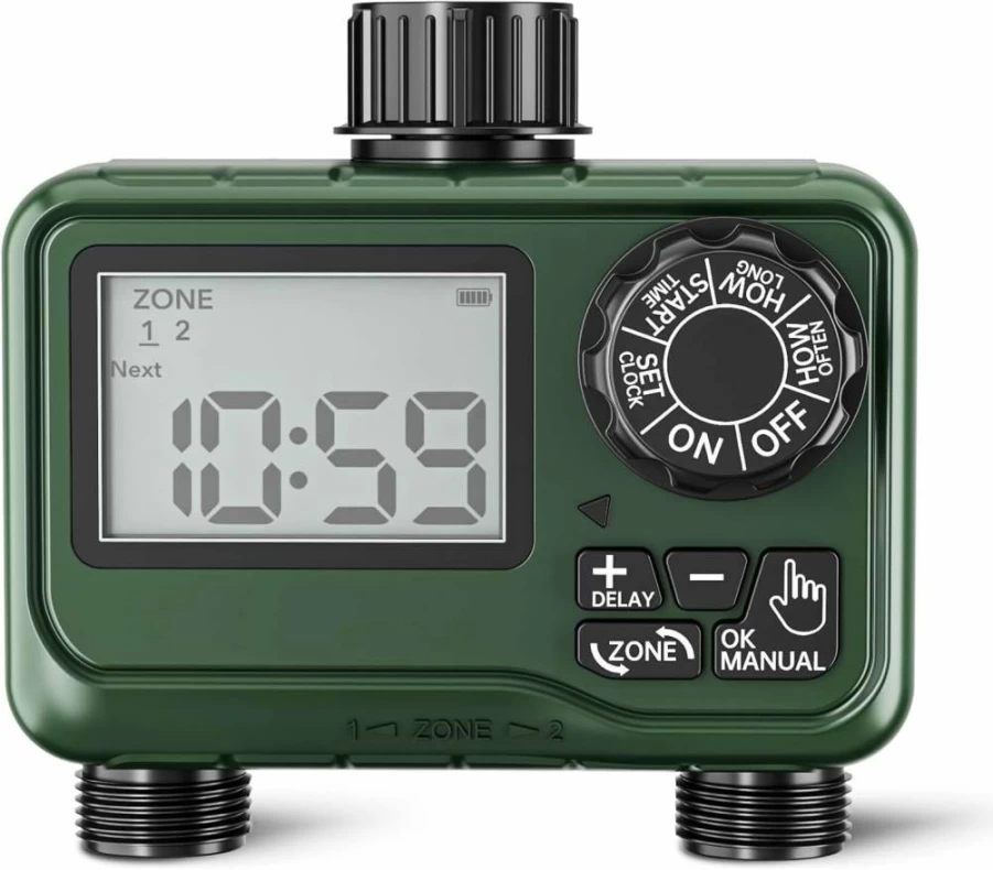 BN-LINK 2-Zone Outdoor Sprinkler Timer with Rain Delay, Large LCD Display, Automatic Irrigation System for Lawn & Garden, Waterproof Hose Timer