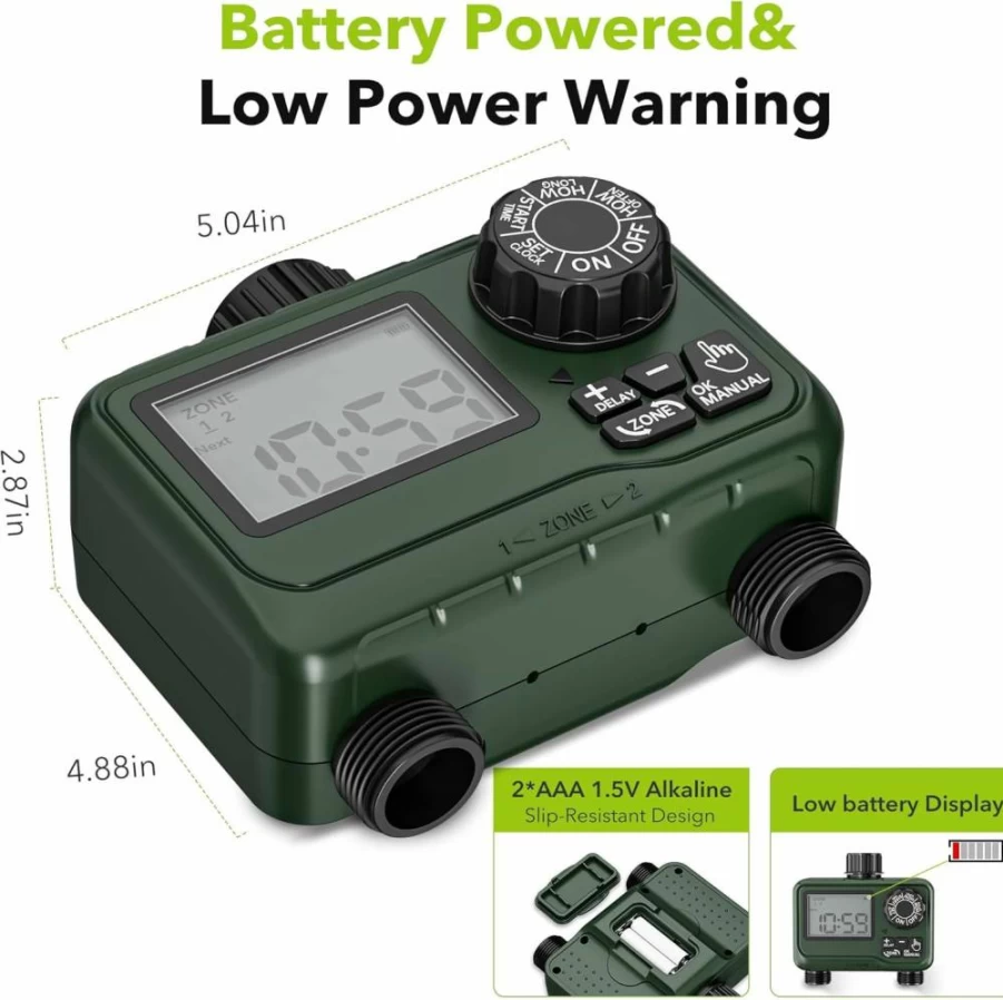 BN-LINK 2-Zone Outdoor Sprinkler Timer with Rain Delay, Large LCD Display, Automatic Irrigation System for Lawn & Garden, Waterproof Hose Timer