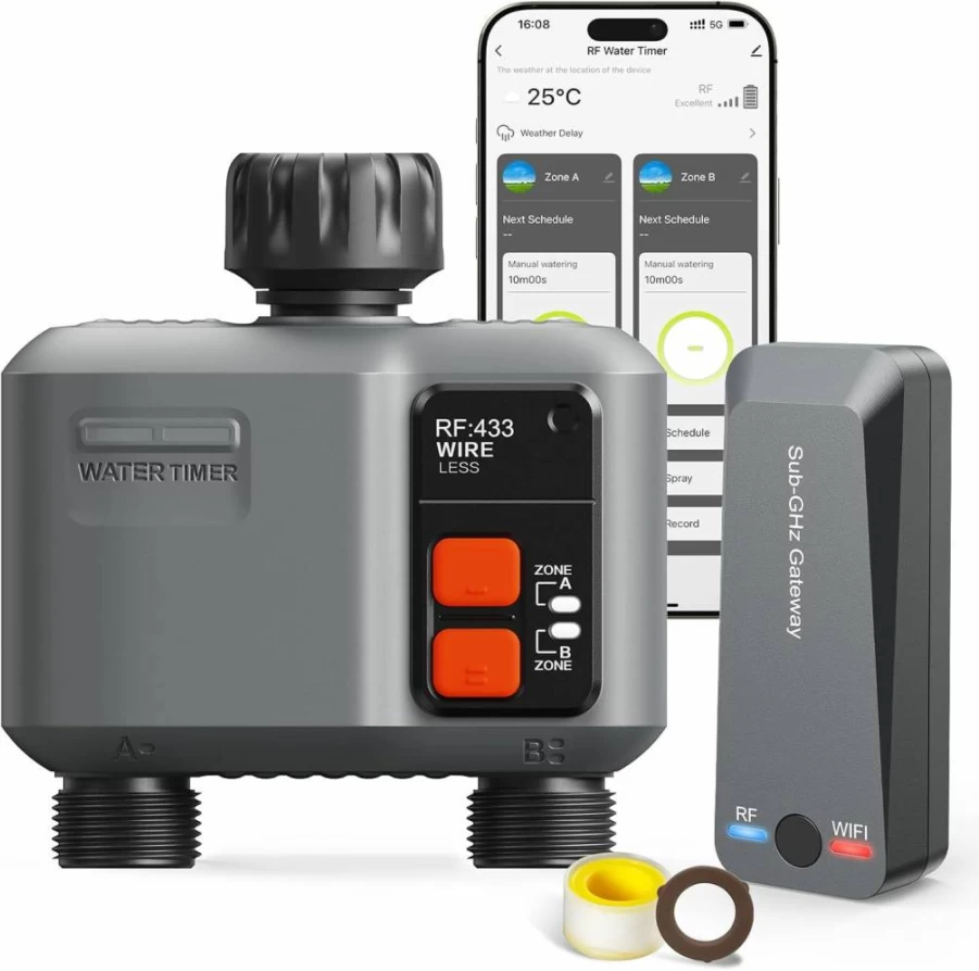 Johgee 3-Zone Smart WiFi Sprinkler Timer with 984ft RF Gateway, Outdoor Hose Water Timer for Garden & Lawn - Rain Delay, Manual/Automatic Modes, 3 Outlets