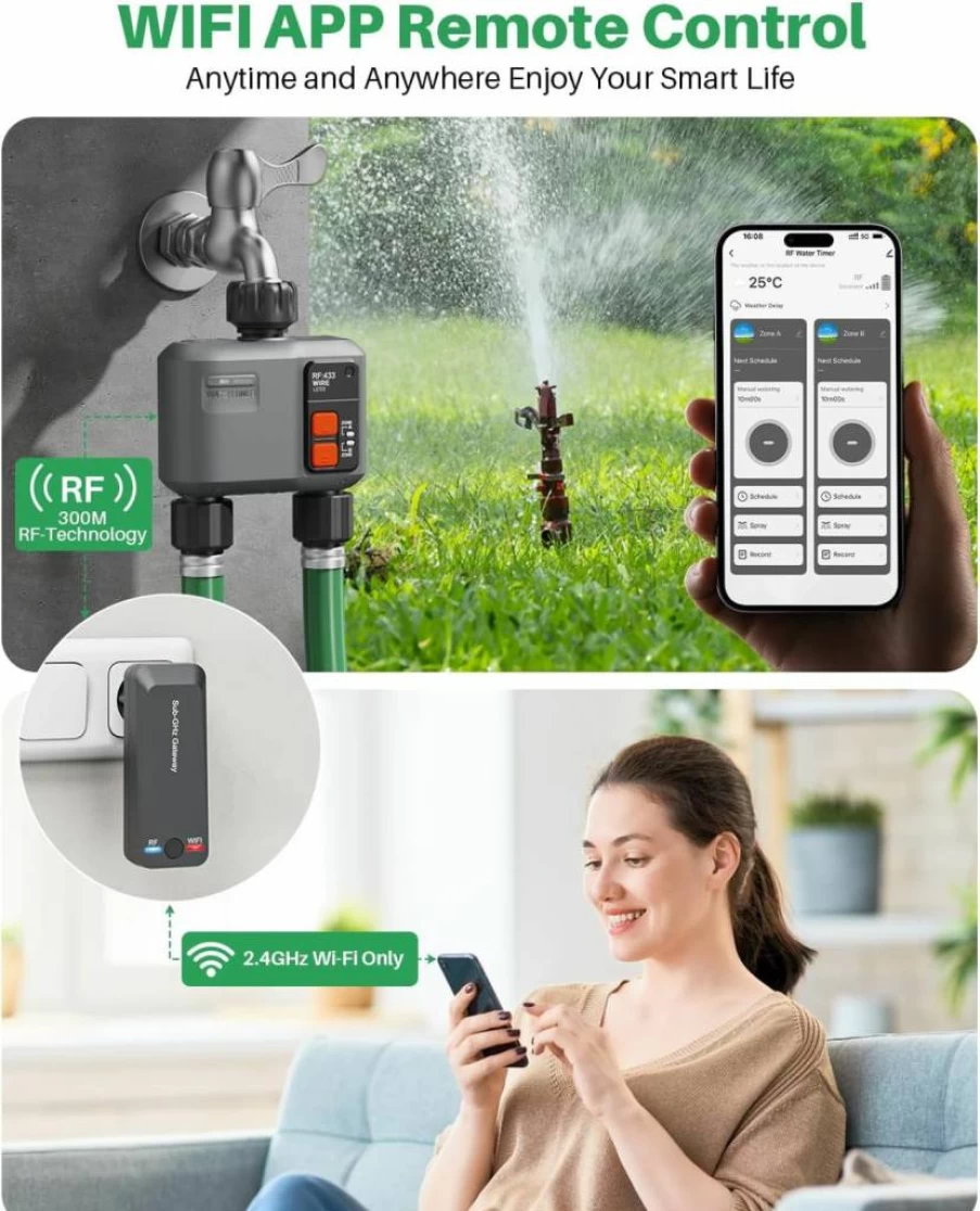 Johgee 3-Zone Smart WiFi Sprinkler Timer with 984ft RF Gateway, Outdoor Hose Water Timer for Garden & Lawn - Rain Delay, Manual/Automatic Modes, 3 Outlets