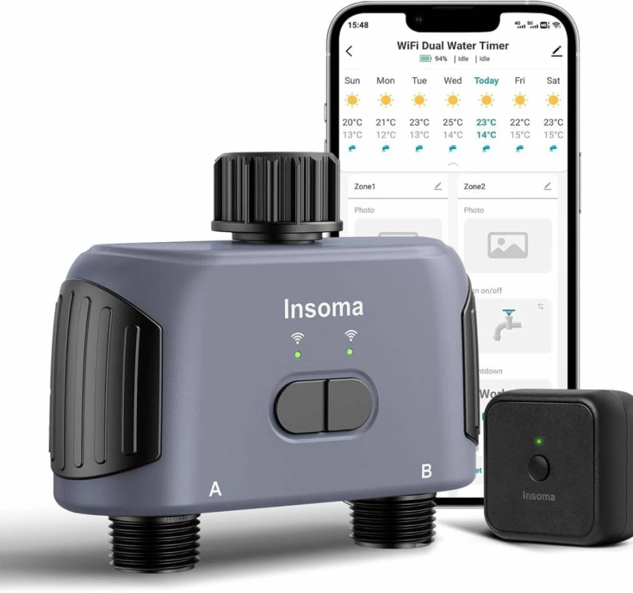Insoma WiFi Smart Sprinkler Timer, 2-Zone Brass Hose Timer with App & Alexa Voice Control, Rain Delay, Manual Mode for Lawn & Garden Irrigation
