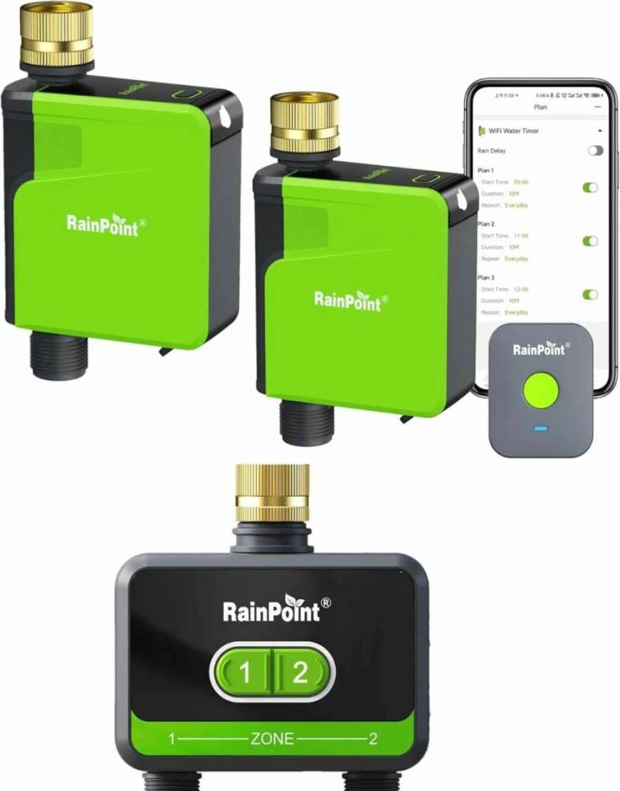 RAINPOINT Smart WiFi Sprinkler Timer with Brass Connector, 2-Zone Garden Hose Irrigation System, Outdoor Water Timer for Lawn & Plants