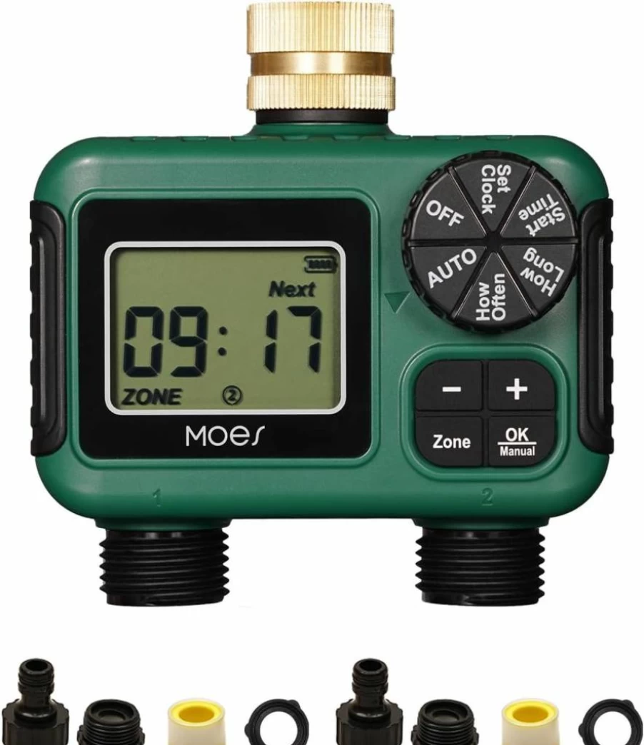 MOES 2-Zone Programmable Sprinkler Timer with Brass Inlet, Rain Delay & Manual Watering for Garden, Lawn, and Hose Irrigation Systems