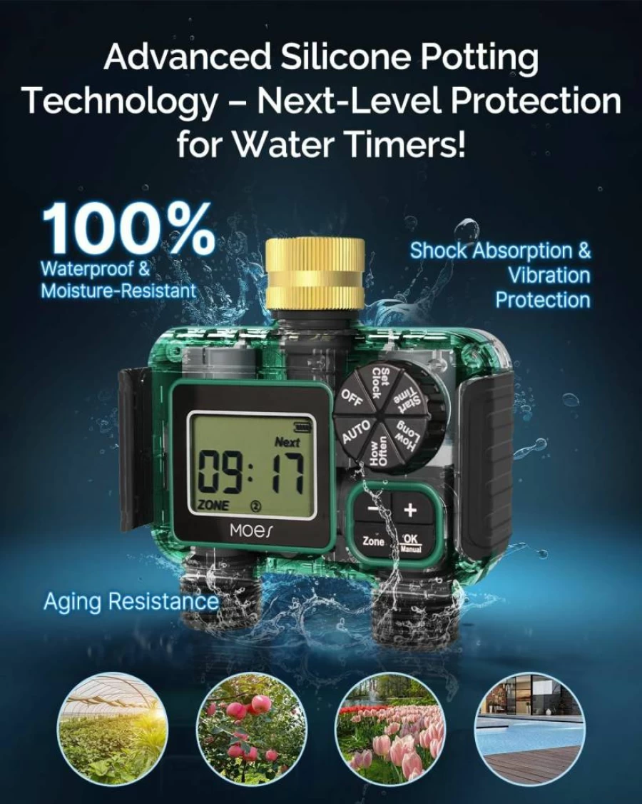 MOES 2-Zone Programmable Sprinkler Timer with Brass Inlet, Rain Delay & Manual Watering for Garden, Lawn, and Hose Irrigation Systems