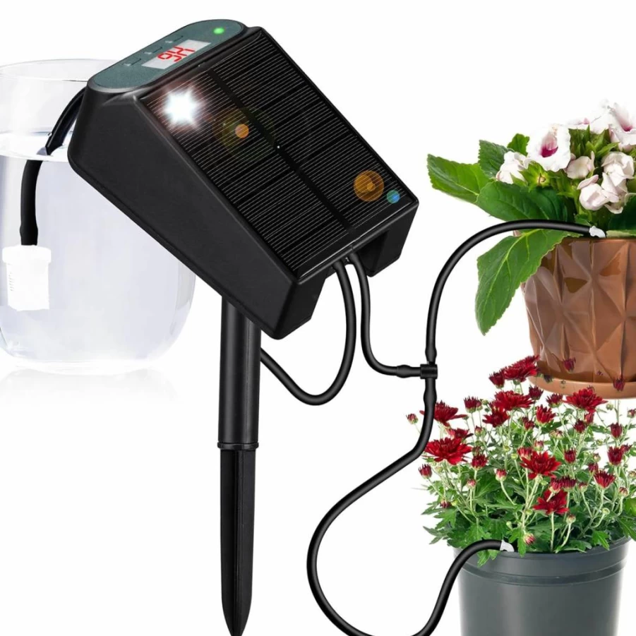 CheerChomp Solar Powered Drip Irrigation Kit with Timer & Battery - Automatic Self Watering System for 15 Potted Plants, Indoor Outdoor Greenhouse Garden Balcony Use