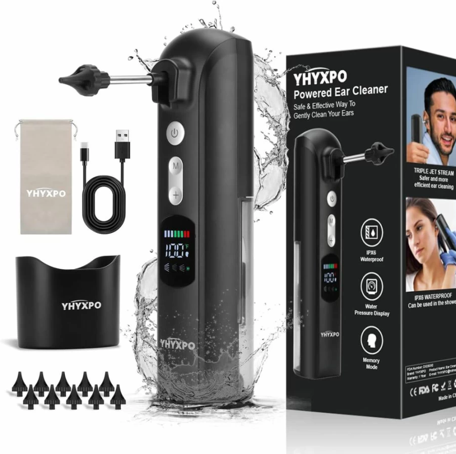 YHYXPO Electric Ear Wax Removal Kit - Smart Display, IPX6 Waterproof, 8 Pressure Modes for Safe Ear Cleaning for Adults & Kids