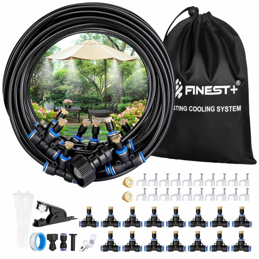 FINEST+ Outdoor Misting Cooling System Kit - 49.4Ft (15M) UV-Resistant Tube, 15 T-Joints, 17 Nozzles, 3/4" Adapter, Storage Bag for Garden Greenhouse Courtyard Trampoline Patio