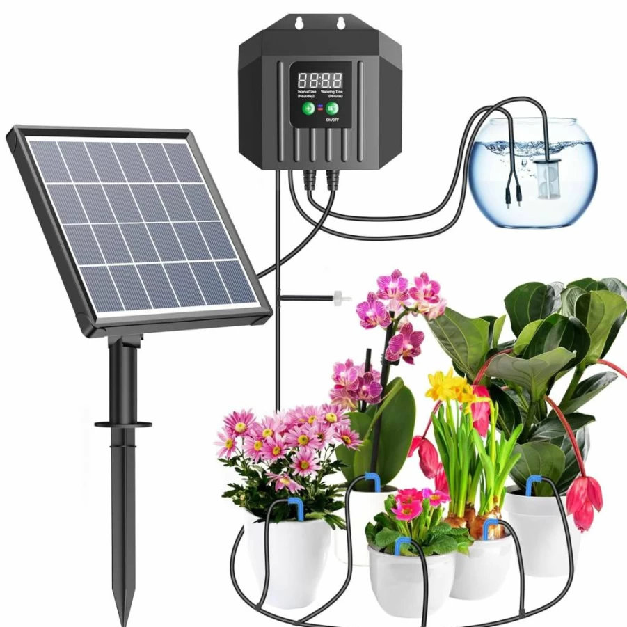 Biling 3W Solar Powered Drip Irrigation System, Programmable Smart Watering Kit with 2200mAh Battery for Indoor/Outdoor Potted Plants (15 Plants Capacity)