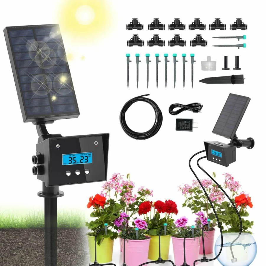 DAOTAILI Solar Drip Irrigation Kit with 2200mAh Battery & Rain Sensor - Automatic Watering System for Garden, Balcony, Potted Plants (10 Plants)