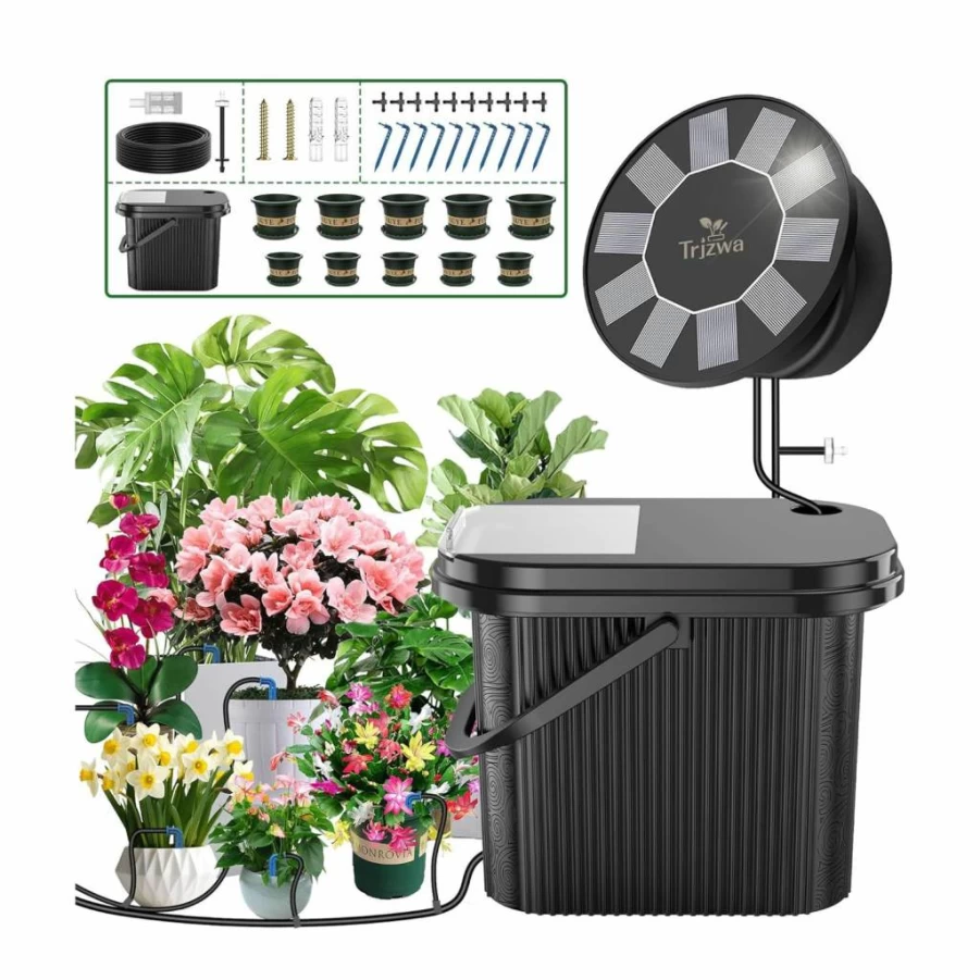 TRJZWA Solar Powered Drip Irrigation Kit with 10 Plastic Plant Pots (4.5"/6") and 3.5 Gallon Portable Bucket for Automatic Plant Watering System