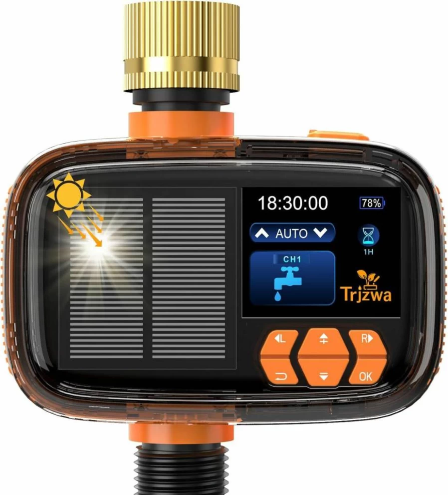 TRJZWA Solar & USB-C Charging Smart Sprinkler Timer with Rain Delay, 2000mAh Battery, Automatic/Manual Watering Modes for Garden, Lawn, and Yard Irrigation