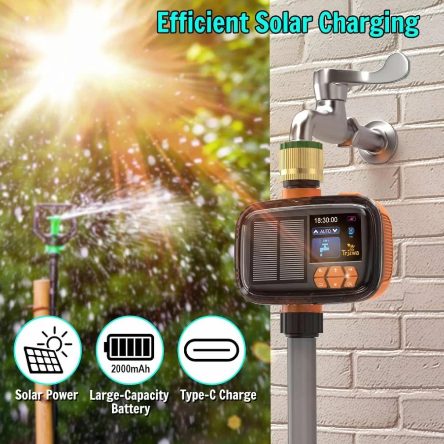 TRJZWA Solar & USB-C Charging Smart Sprinkler Timer with Rain Delay, 2000mAh Battery, Automatic/Manual Watering Modes for Garden, Lawn, and Yard Irrigation