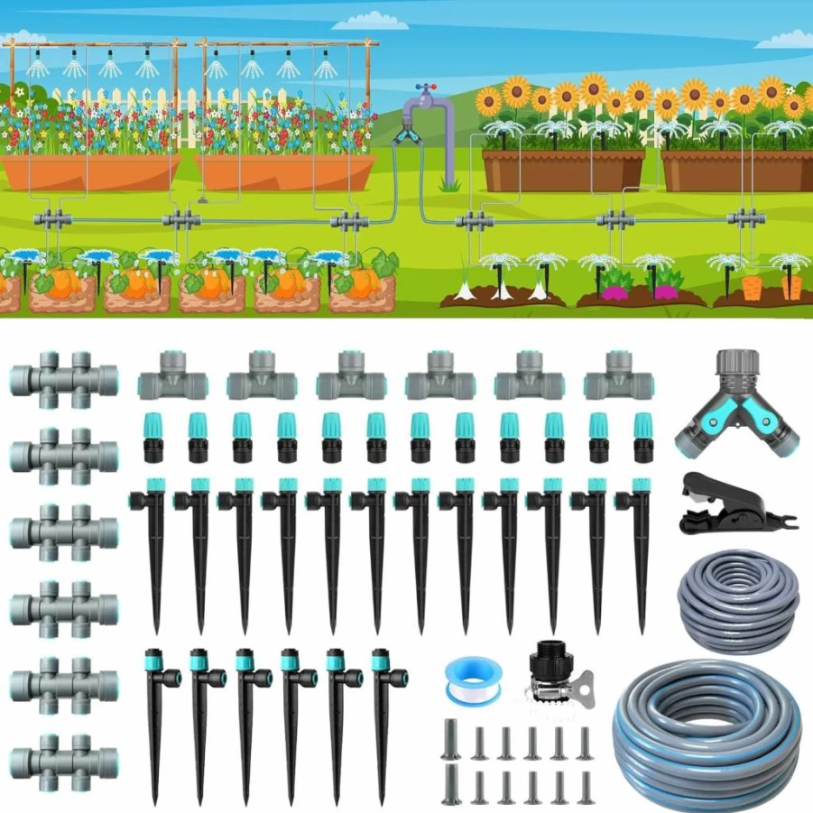OVRAQ 230Ft Drip Irrigation Kit with Quick-Connect, Adjustable Nozzles, Y-Type Tubing for Outdoor Garden Watering System