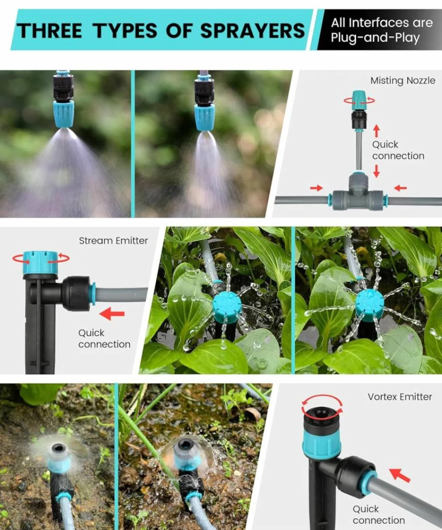 OVRAQ 230Ft Drip Irrigation Kit with Quick-Connect, Adjustable Nozzles, Y-Type Tubing for Outdoor Garden Watering System