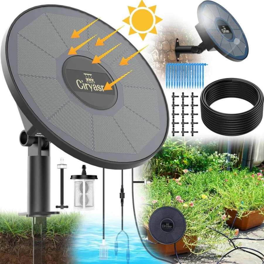 CIRYASR Solar Drip Irrigation Kit - Automatic Watering System with 2200mAh Battery, 6 Timer Modes for Potted Plants, Greenhouse, Garden & Balcony