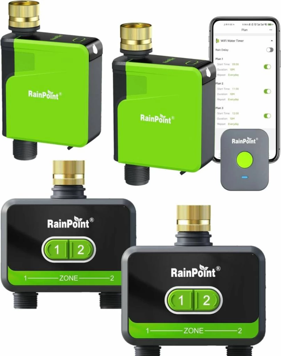 RAINPOINT Smart WiFi & Bluetooth Sprinkler Timer, 2-Zone Outdoor Irrigation Controller, Weather-Based Watering System for Lawn & Garden