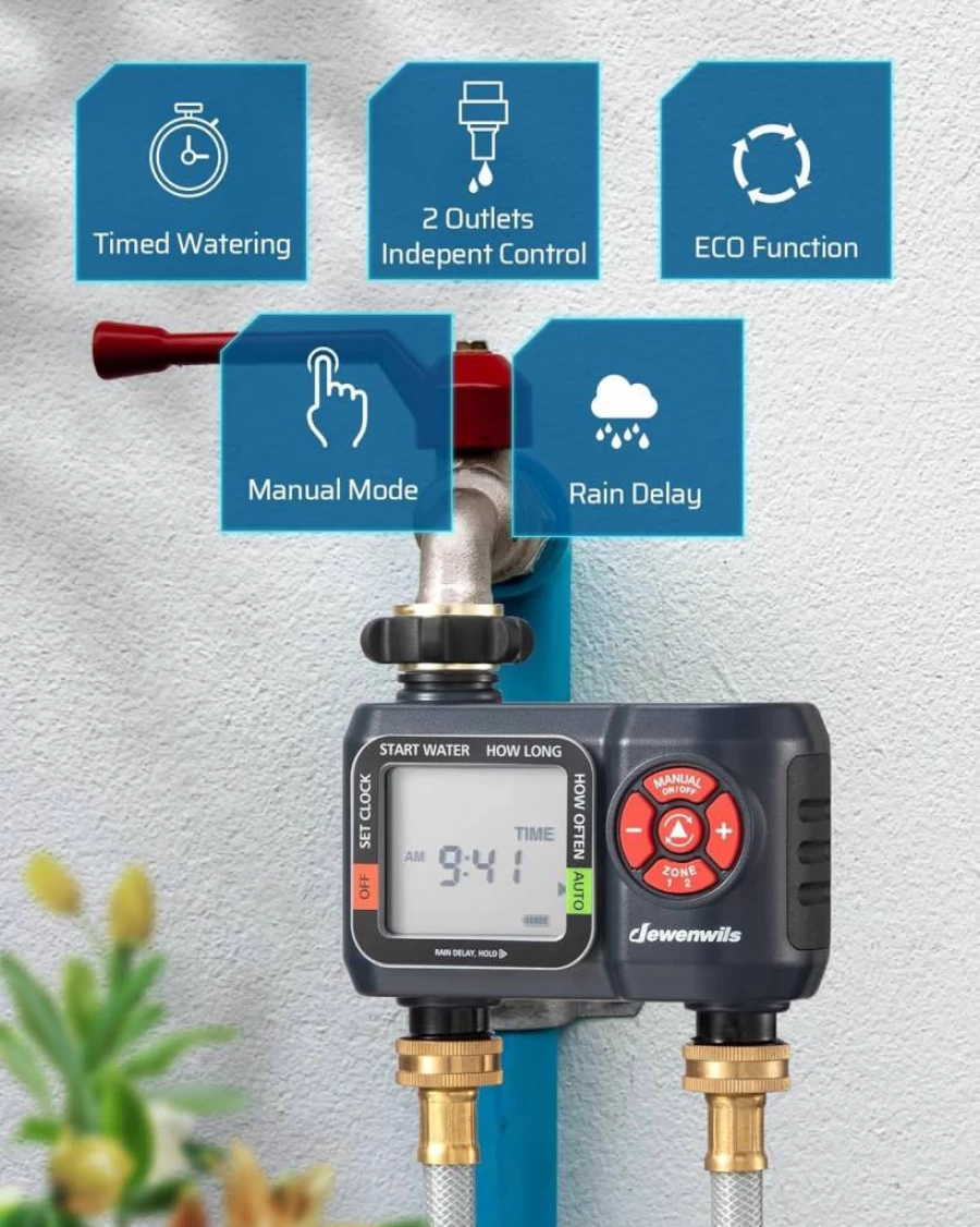 DEWENWILS Programmable 2-Zone Garden Hose Timer with Rain Delay, Manual & Automatic Irrigation for Lawn, Yard, or Outdoor Watering