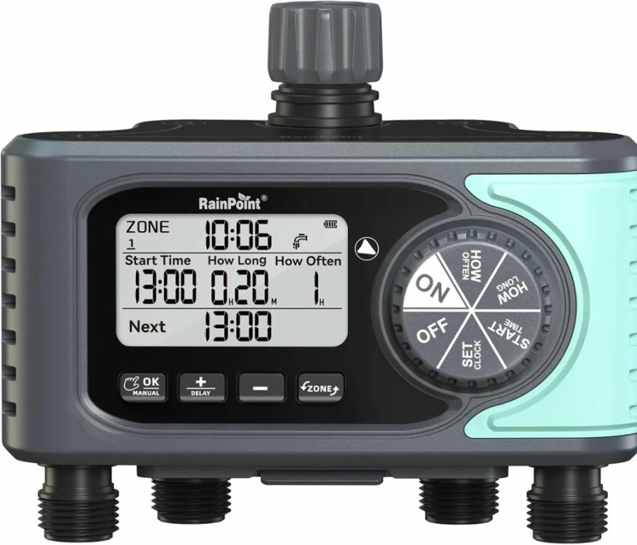 RAINPOINT Smart Sprinkler Timer, 4-Zone Outdoor Water Timer with Rain Delay, Manual & Automatic Irrigation Controller for Lawn and Garden