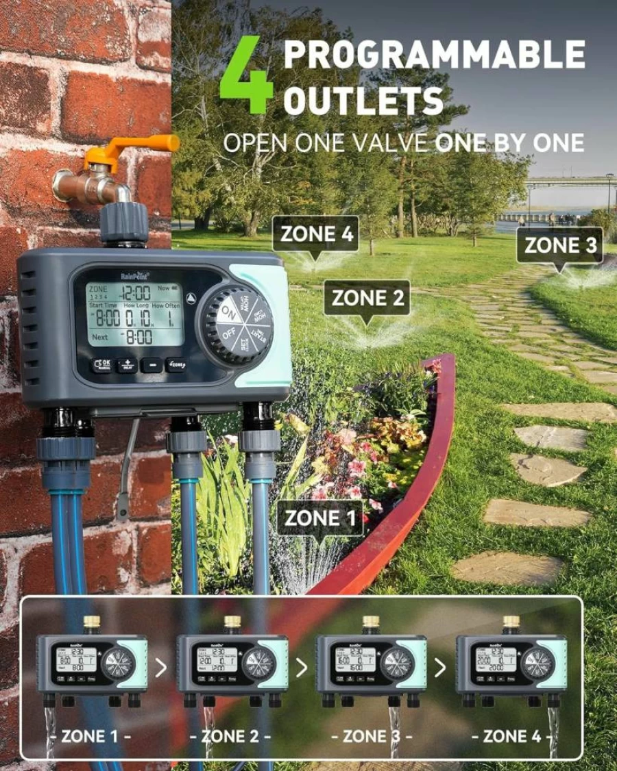 RAINPOINT Smart Sprinkler Timer, 4-Zone Outdoor Water Timer with Rain Delay, Manual & Automatic Irrigation Controller for Lawn and Garden